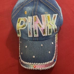 Sparkling Rhinestone PINK Letter Cap on denim